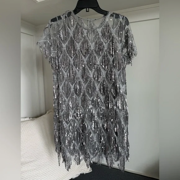 Lulus On a the Dance Floor Silver Sequin Fringe Shift Dress size Small - Picture 11 of 12